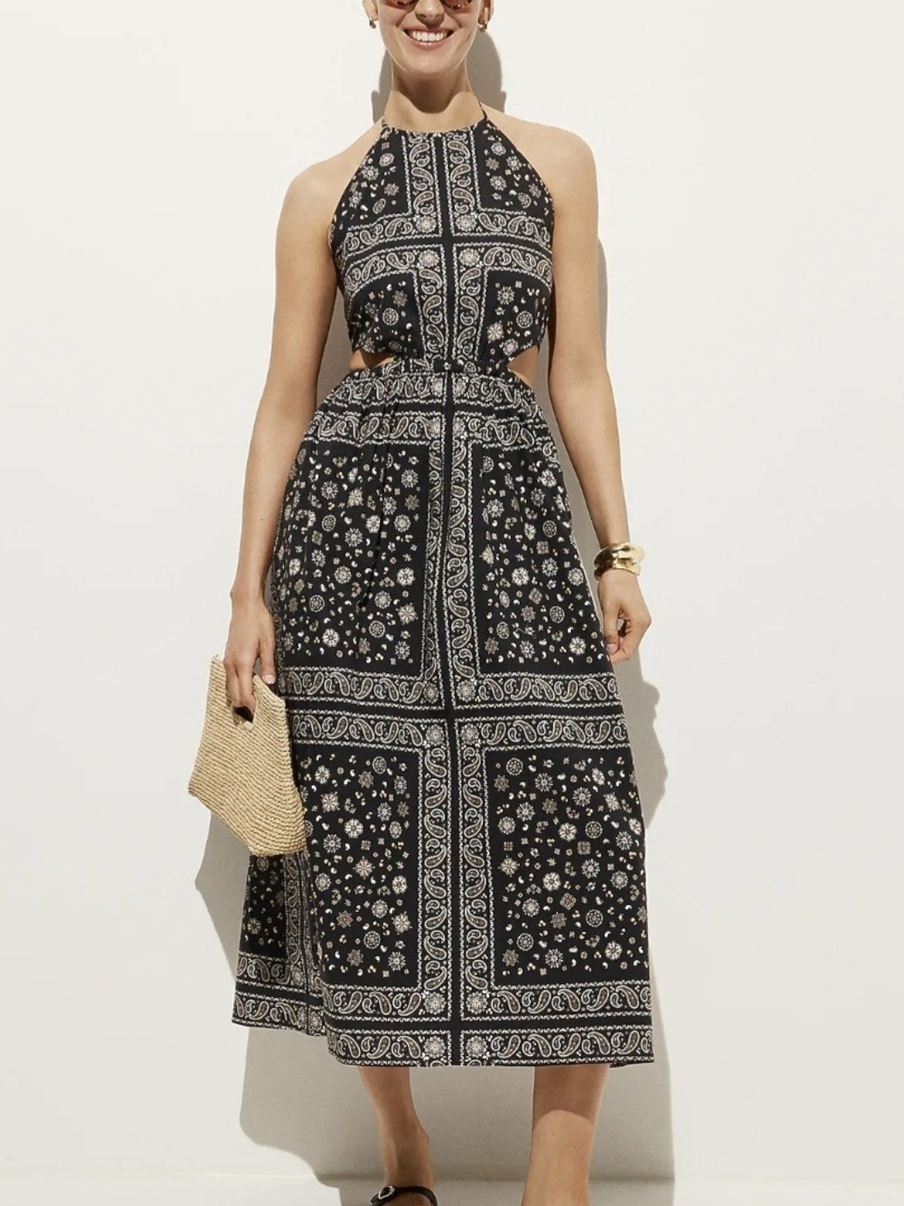 Side-cutout halter dress in bandana-print cotton poplin